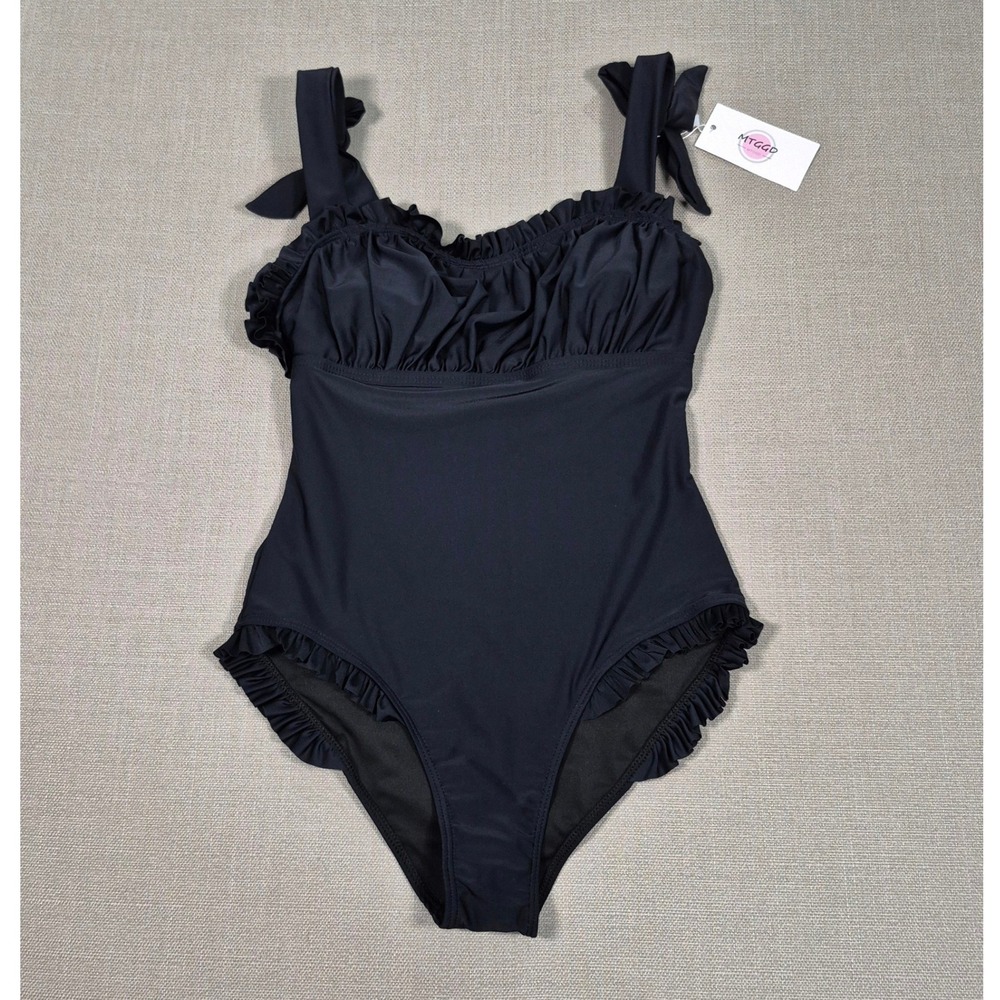 MTGGD One Piece Swimsuit Black Ruffle Ruched Vintage Style Tummy Control S
